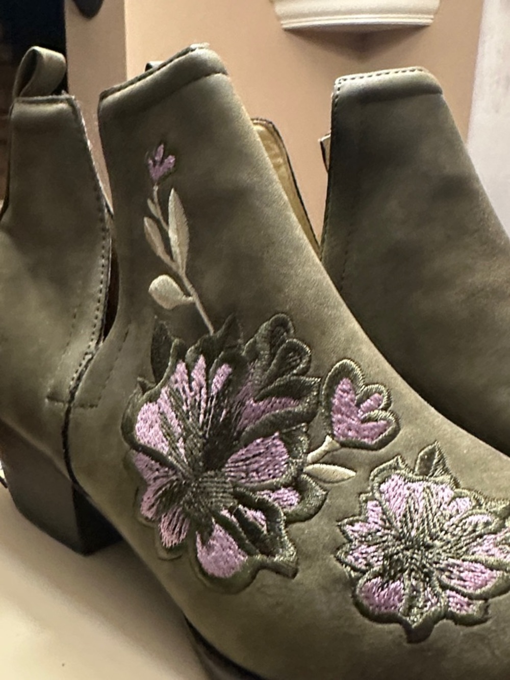 JBU Olive Suede Ankle Boots with Lavender Floral Embroidery